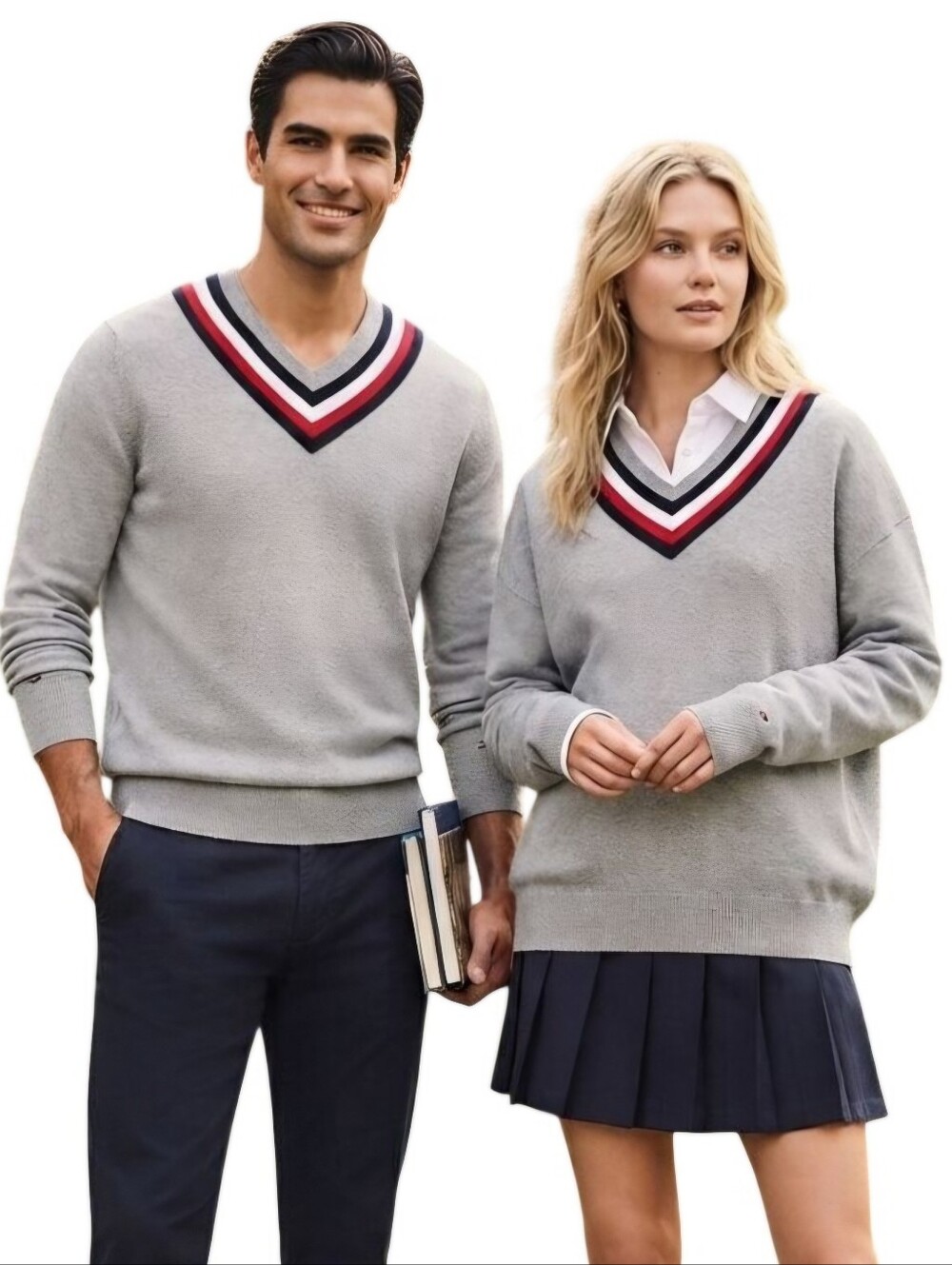 Tommy Hilfiger Cricket V Neck Sweater Gray Red White Blue Stripe Unisex Size M